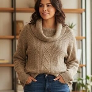 Calvin Klein $98 Large Tan Brown Marled‎ Cowl Neck Cable Knit Tunic Sweater